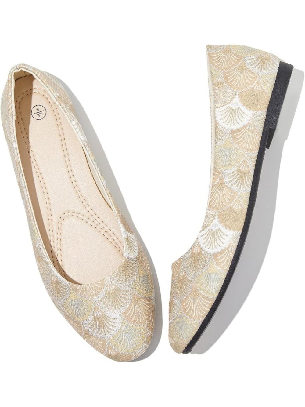 Women's Beige Pattern Leather Non Slip Low Heel Slip on Ballet Loafer Flat Shoes